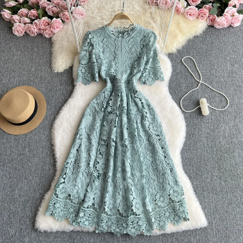 

Women Lace Long Midi Dress Retro Elegant Hollow Hook Lace Crochet Slim A-line Prom Party Club Wedding 2025 Spring w35