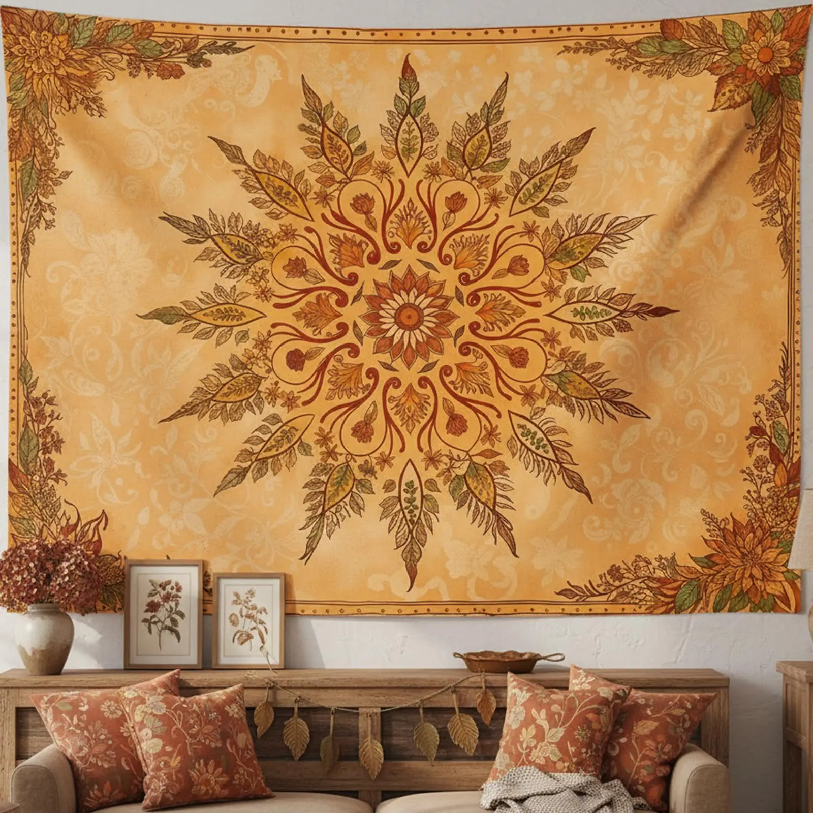 1PC Boho Sun Moon Floral Orange Yellow Print Tapestry, Boho Style, Bedroom Living Room Kitchen Wall Hanging, Polyester, Wall Art
