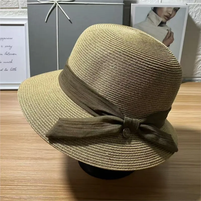 

Two-color decorative ribbon hat simple and fashionable fisherman's with a woven shade basin