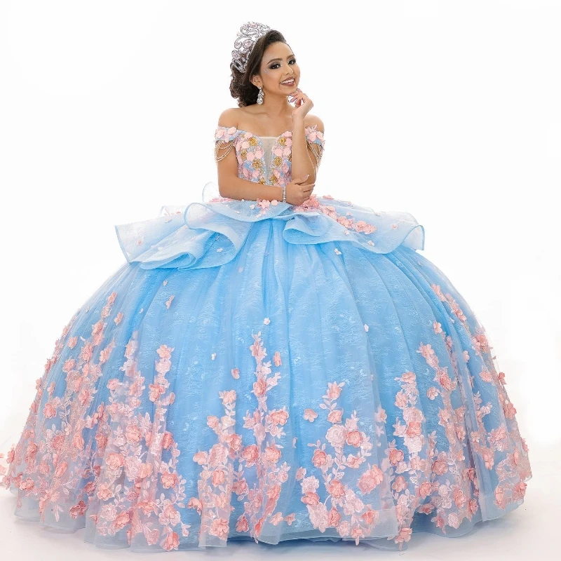 

Mexico Sky Blue Off The Shoulder Ball Gown Quinceanera Dresses For Girls Beaded Pink Appliques Flower Party Gowns Pleats Sweet