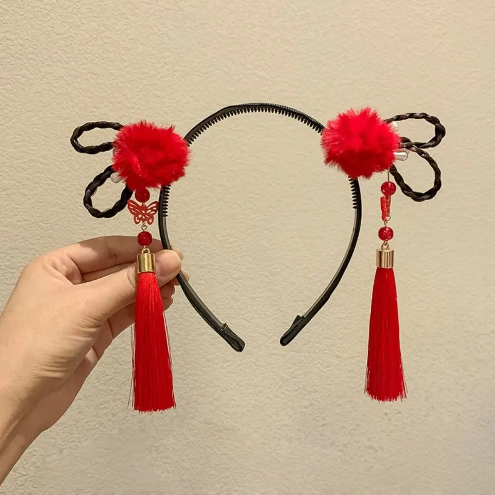 

Flower Children Wig Headband Braid Hair Tang Suit Hair Hoop Chinese New Year Headwear Girl Hair Accessories Plush
