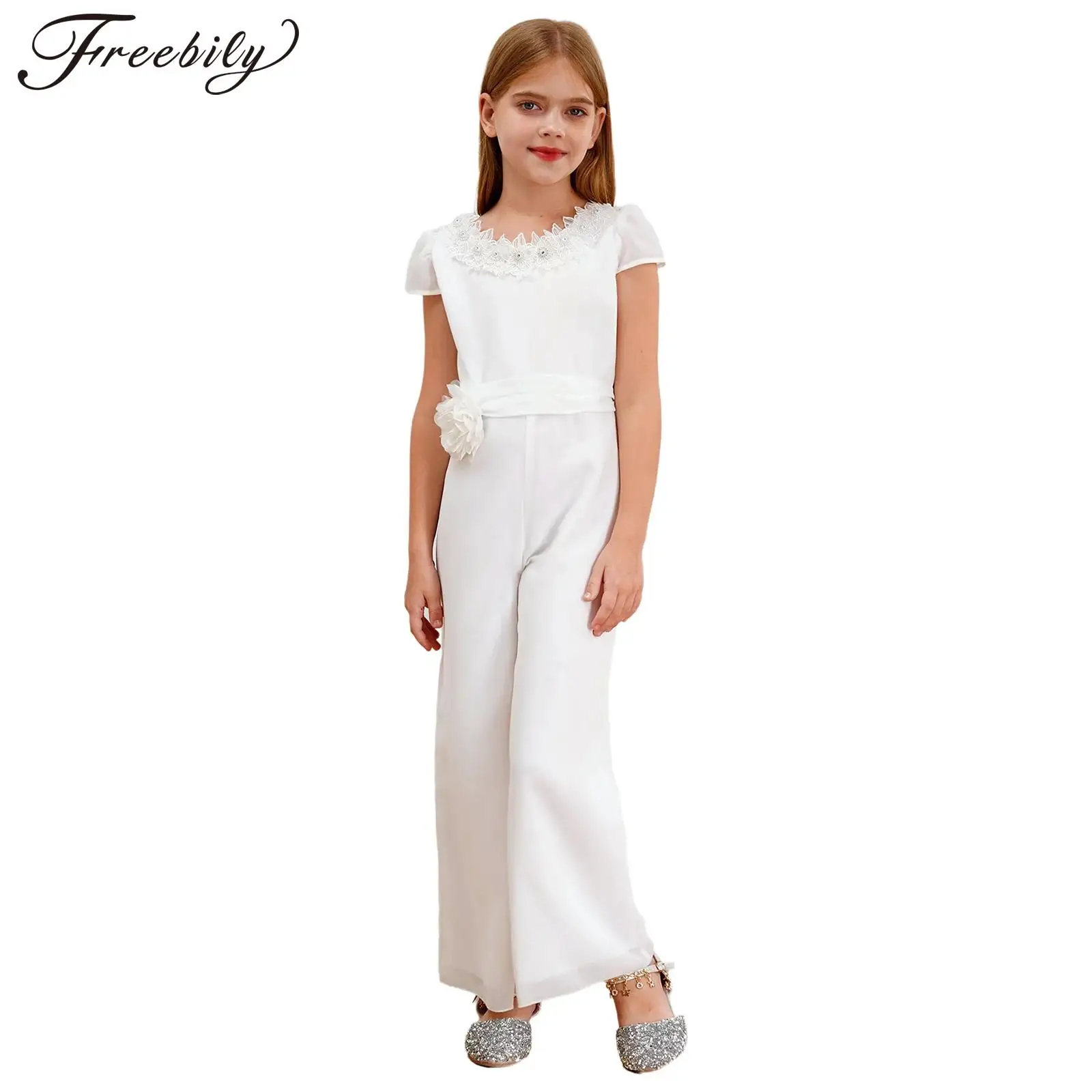 

Kids Girls Sweet Jumpsuits 3D Flower Bodysuit Children Ballet Dance Jumpsuit Wide Legs Rompers for Party Birthday Costumes