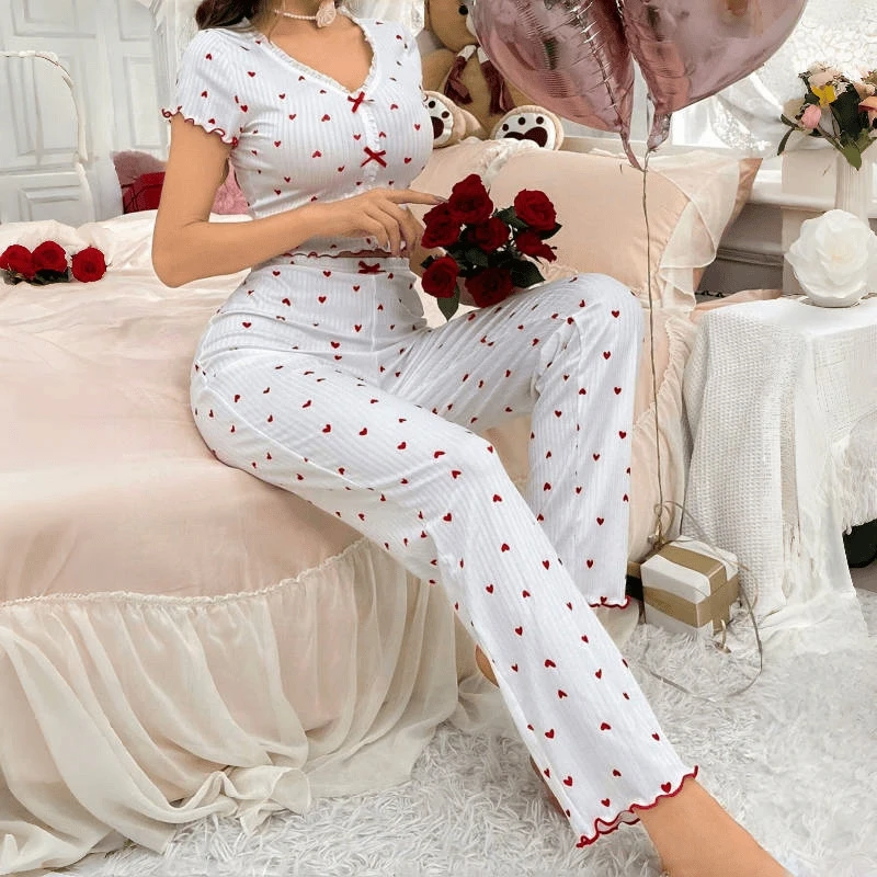 

Cute Heart Print Home Suit Set Soft Short-Sleeve V-Neck Top And Long Pants Frill Details Fit Women's Casual Loungewear Homewear