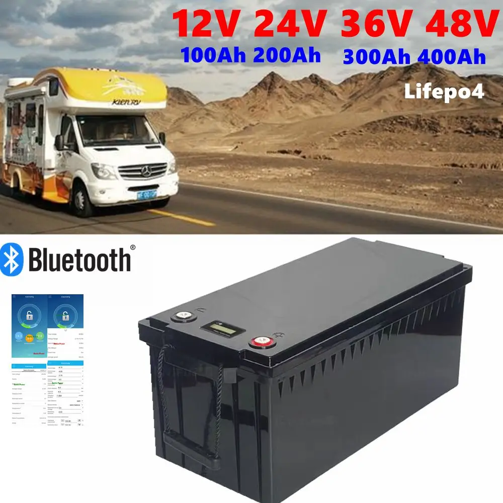 

HS 12V 24V 36V 48V 100AH 150Ah 200AH 300Ah 400Ah lifepo4 lithium battery bluetooth BMS APP for solar inverter EV Fishing boat