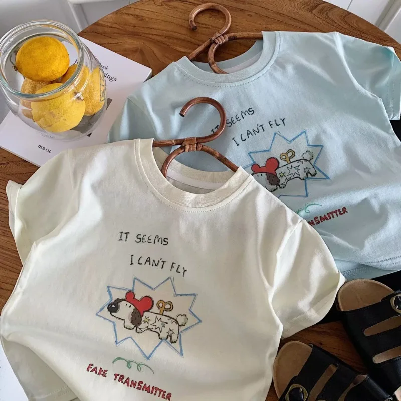 

2026 Summer New Children Short Sleeve T Shirts Cotton Boys Cartoon Dog Print Tee Baby Girls O-neck Casual T Shirts Kids Clothes