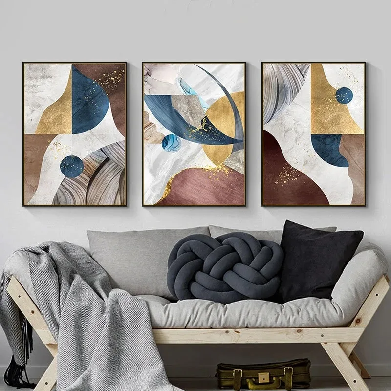 Light luxury modern triptych abstract gilt color art canvas painting hotel wall painting