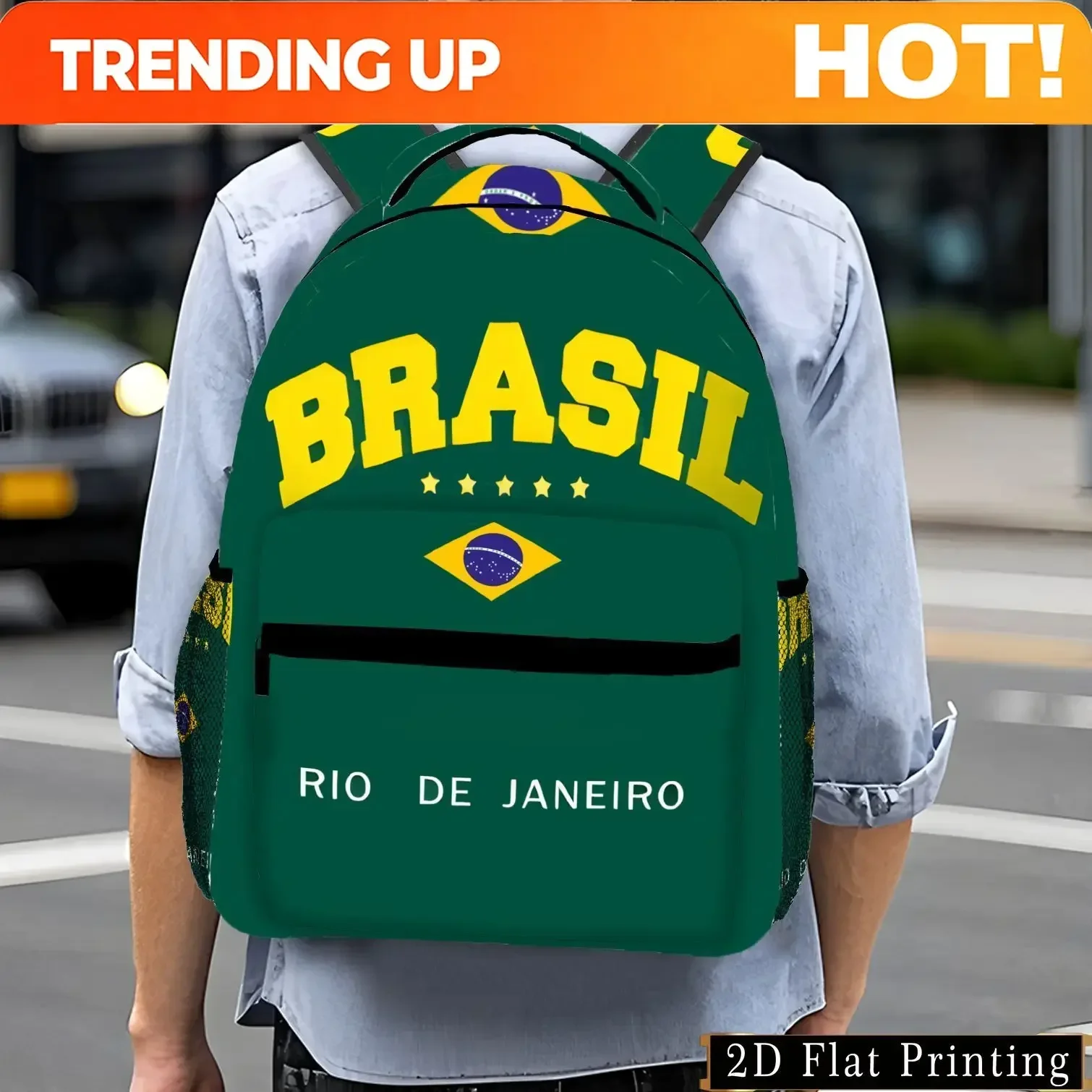 Custom Rio de Janeiro Brazil Backpack - Vibrant Green with Yellow & White Logo, Adjustable Straps, Multiple Pockets, Durable