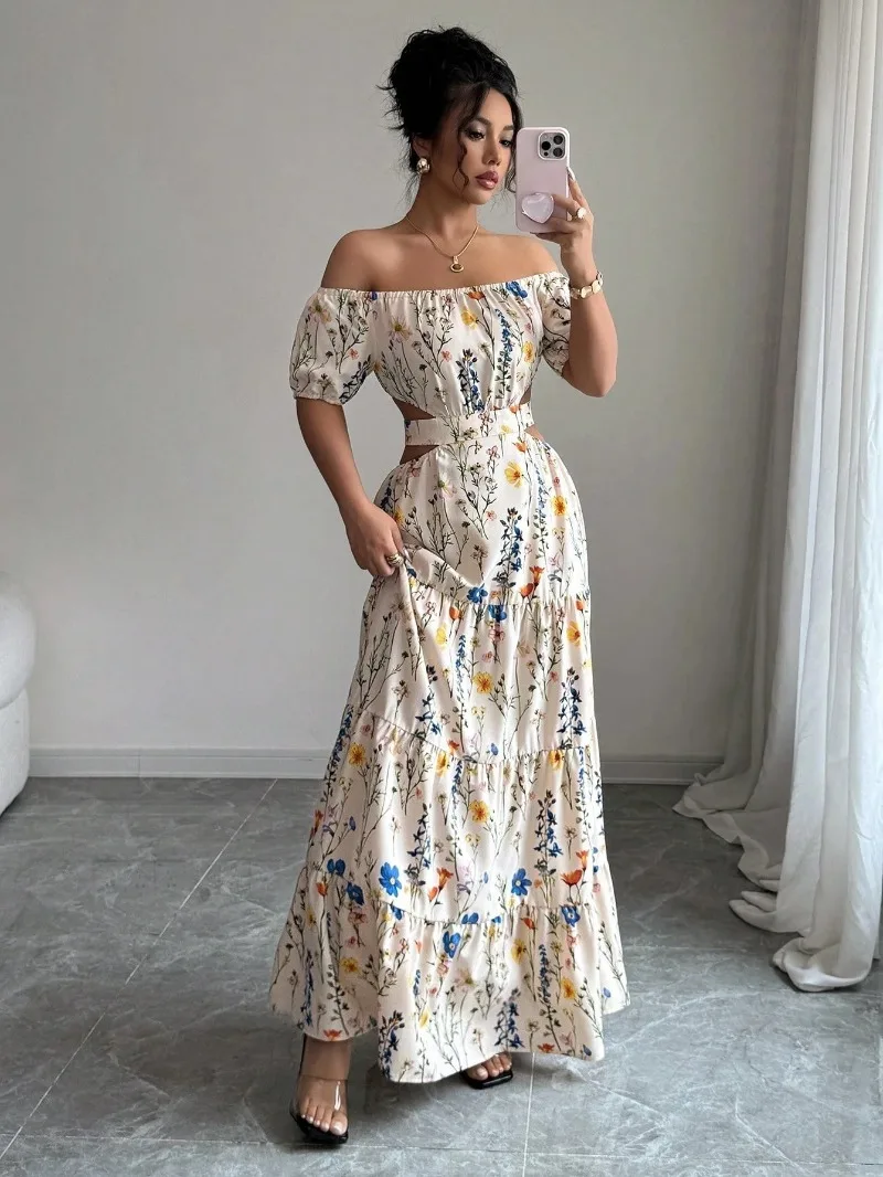 Damen Off-Shoulder Blumen-Maxikleid mit Cut-Outs und Bändern, gestuftes, fließendes langes Kleid für Sommer, Strand, Hochzeitsgäste, Cocktailpartys, Urlaub, Sonnenkleid – Detail 7
