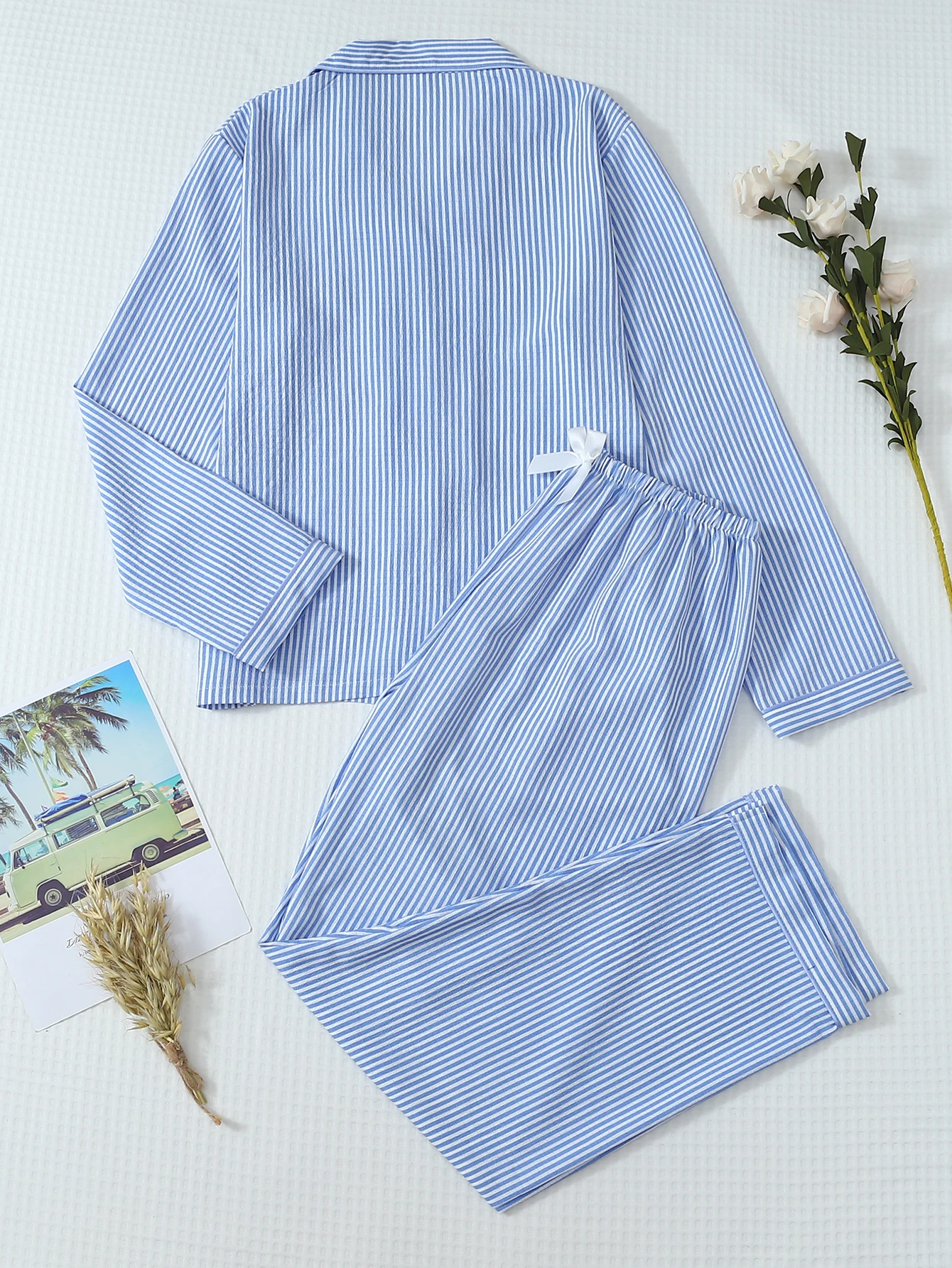 طقم بيجامة مطبوعة مخطط باللونين الأزرق والأبيض للخريف والشتاء مكون من قطعتين، بلوزة بأزرار سفلية وسراويل طويلة، ملابس نوم كاجوال مناسبة للاستخدام المنزلي #5