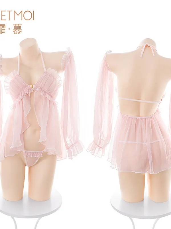 2025 New Sexy Hanging Neck Backless Hollow Out Mesh Sheer Dress Women Solid Color Loose Casual Versatile Sweet Short Dress FIBD