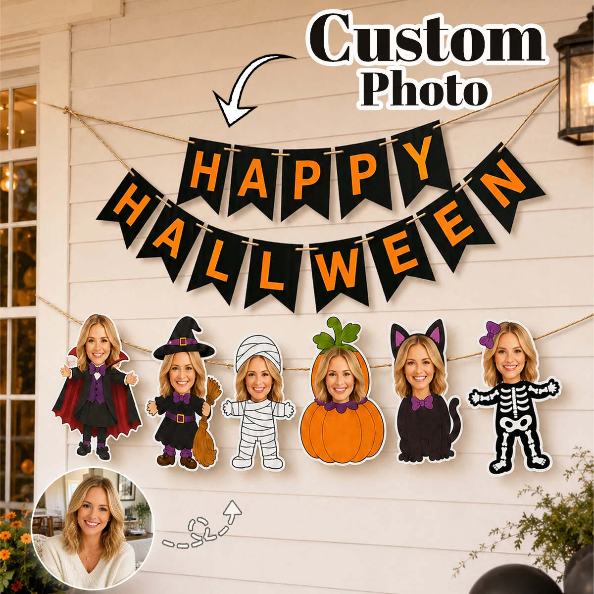 Custom Photo Halloween Banner, Personalized Face Cutout Garland, Happy Halloween Party Decor, Custom Family Photo Bunting.