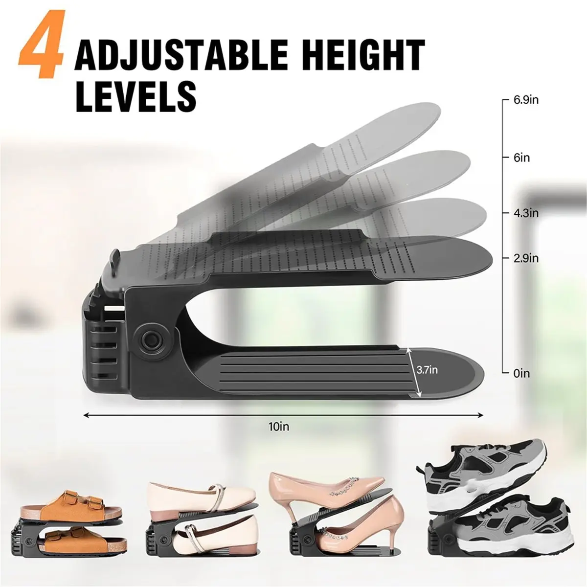Oct Sale 15 Pack Shoe Slots Organizer, Adjustable 4-Level, 50% Space Saver, Double Layer Design for Closet (Black)