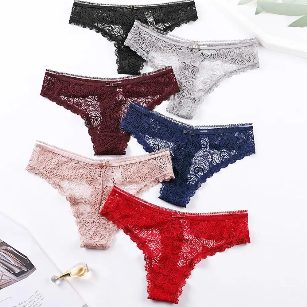 Transparent Hollow Low-waist T-Back G String Underpants Sexy Briefs Lace Panties Flower Women Thong