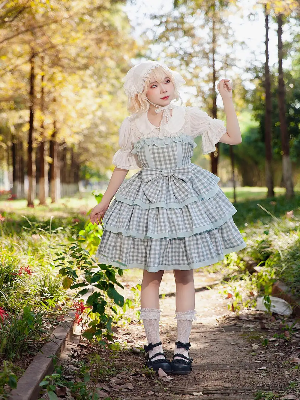 Estilo japonês doce bonito babados emenda grande arco gola quadrada sem mangas cintura alta em camadas lolita jsk vestido para mulher verão