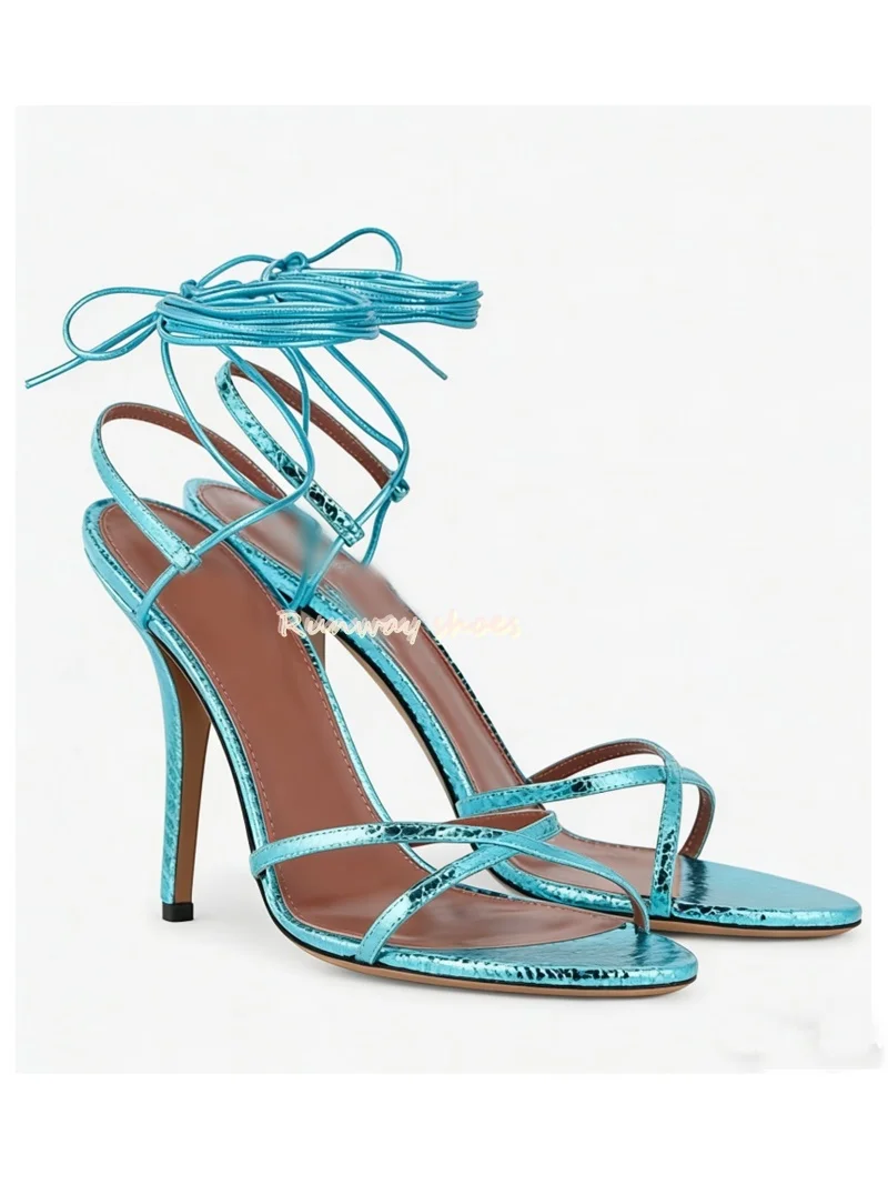 

Blue Round Head Open Toes Thin Strap Combination Hollow Out Summer Sandals Stilettos Ankle Bandage Banquet Luxury Women's Shoes