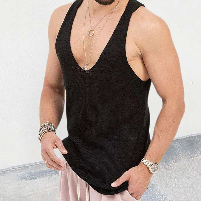 العضلات الرجال سترة سترة الصيف جديد فضفاض الخامس الرقبة محبوك سترة ملابس رجالية #3