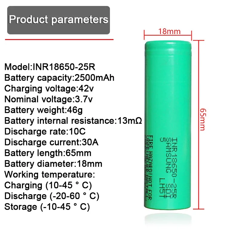 100% Original INR18650 25R 1865 2500mAh 3.7V 18650 Battery Lithium Oplaadbare Batterijen Hoge Stroom Ontlading 20A Power Cell