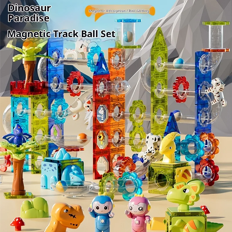 Dige Dinosaurier & Animal Paradise Magnetfliesen, Marmor-Lauf-Bauset mit rollenden Bällen, STEM-Spielzeug für die Gehirnentwicklung