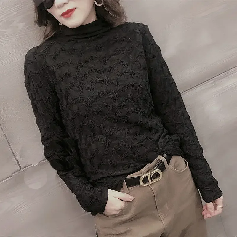 Large Size Autumn and Winter Stylish High Neck Pleated Long Sleeved Lace Shirt Women's Versatile Top E4220