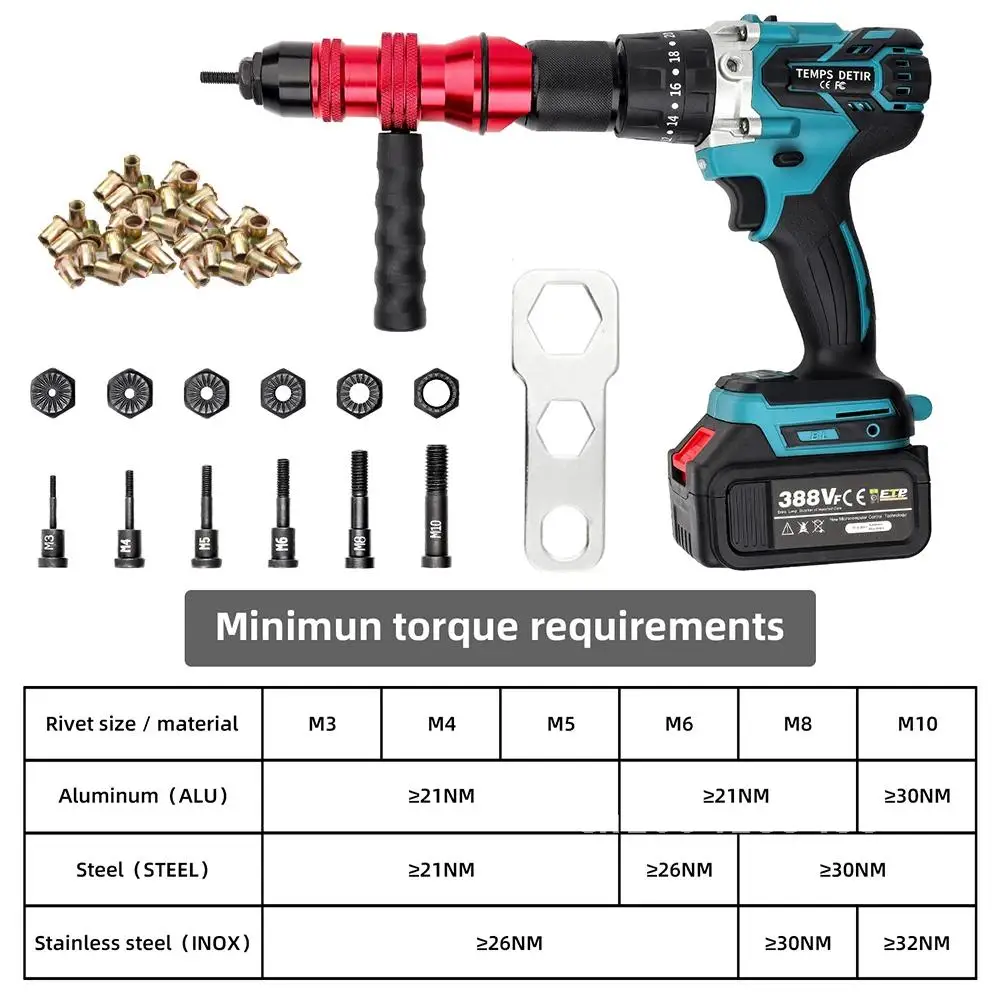 Household M3 M4 M5 M6 M8 M10 Electric Rivet Nut Gun Adapter, Insert Nut Riveting Tools, Tool Box, High Quality Rivet Nut Nailer