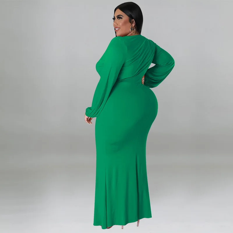 Plus Size Bodycon Elegant Dress Female V Neck Pleated Clothing Luxury Dinner Evening Long Robe 2024 Spring Women Party Dress