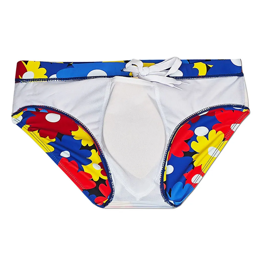 UXH New Arrival Men\'s Low-waist Drawstring Swimming Briefs Flower Printing Sexy U-convex Add Pad Tight Young Man Swimmisute