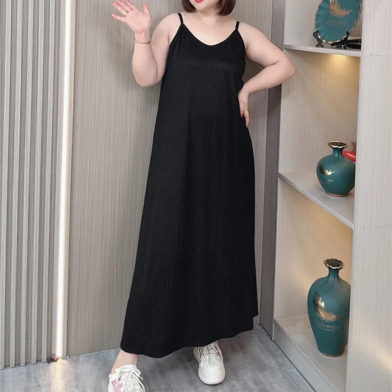 Plus Size Women's Dress Summer Loose Spaghetti Strap Solid Color Thin A-line Long Dress