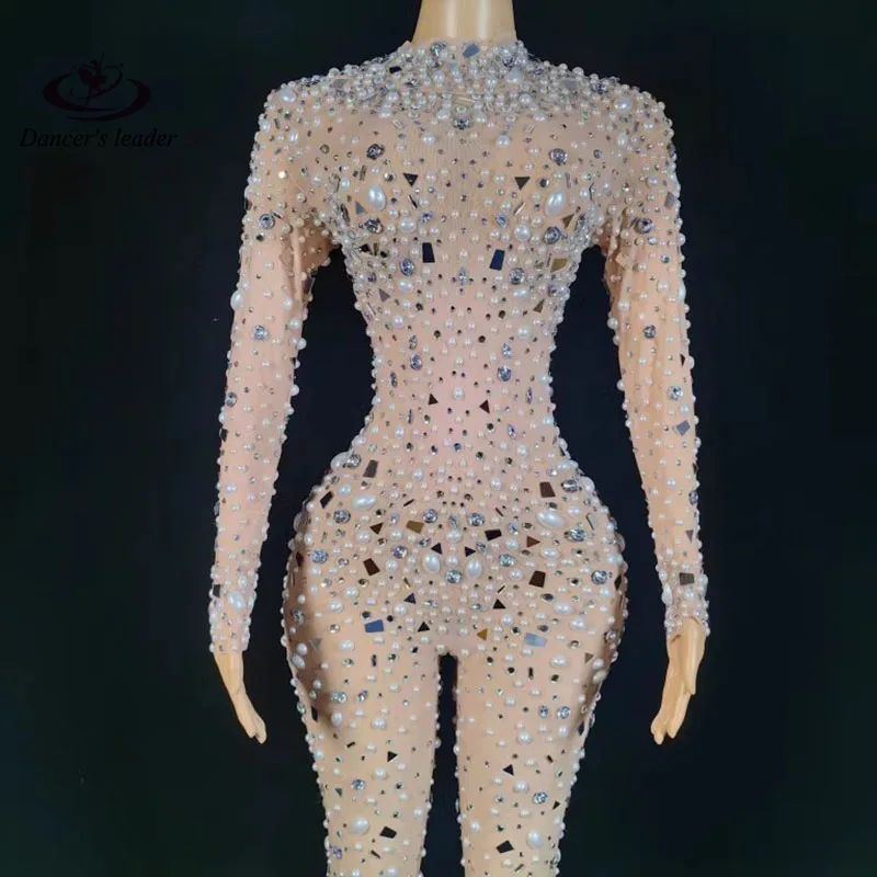 

European and American Model Female DJ Pearl Full Diamond Full Body Mesh Stretch Jumpsuit Nightclub Party Dress