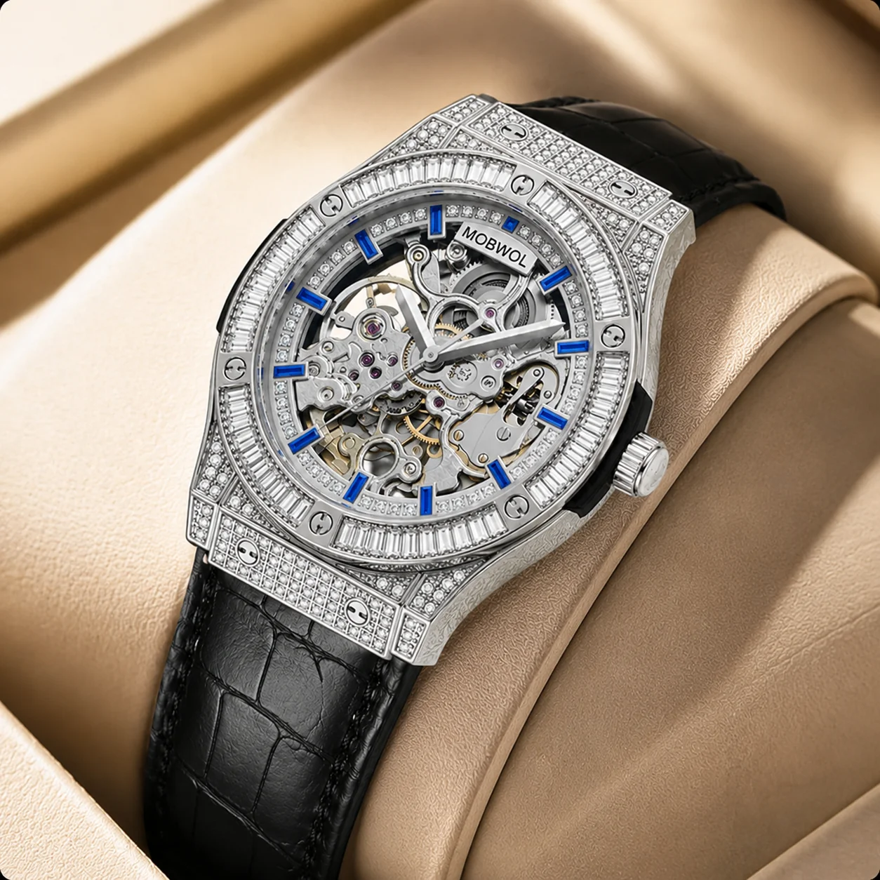 MOBWOL Luxury Men's Mechanical Watch Silver Diamond Skeleton Dial Leather Strap Fashion Business Wristwatch Gift