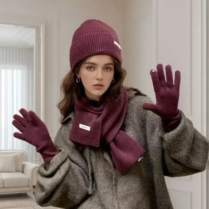 Knitted Cold-proof Fashion Touch Glove Hats Thickened Scarve Warm Three-piece Sets Women Autumn Winter Women's Hat & Glove Sets