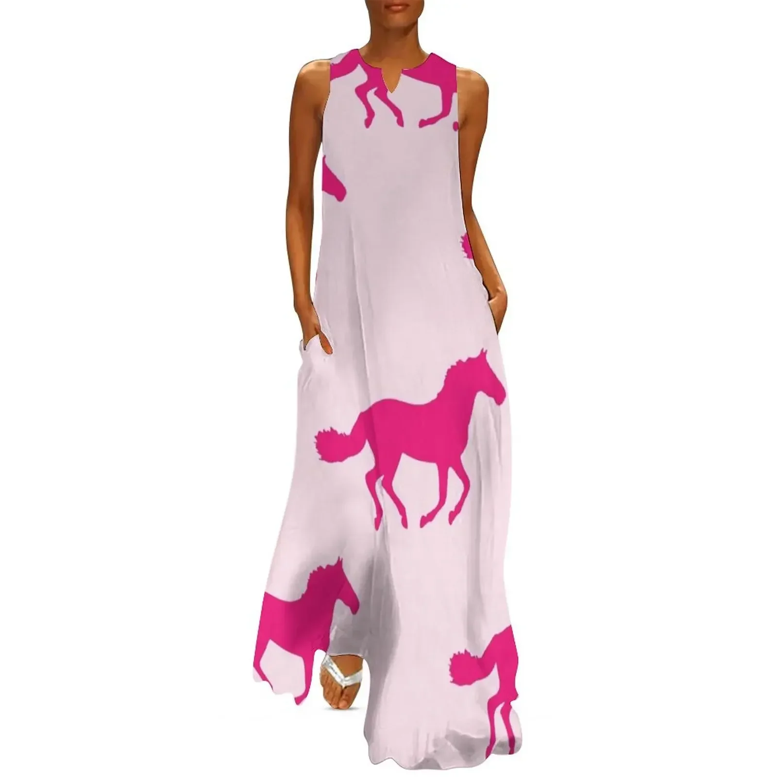 

PINK GALLOPING HORSES Pop Art Long Dress women's fashion dresses Dress