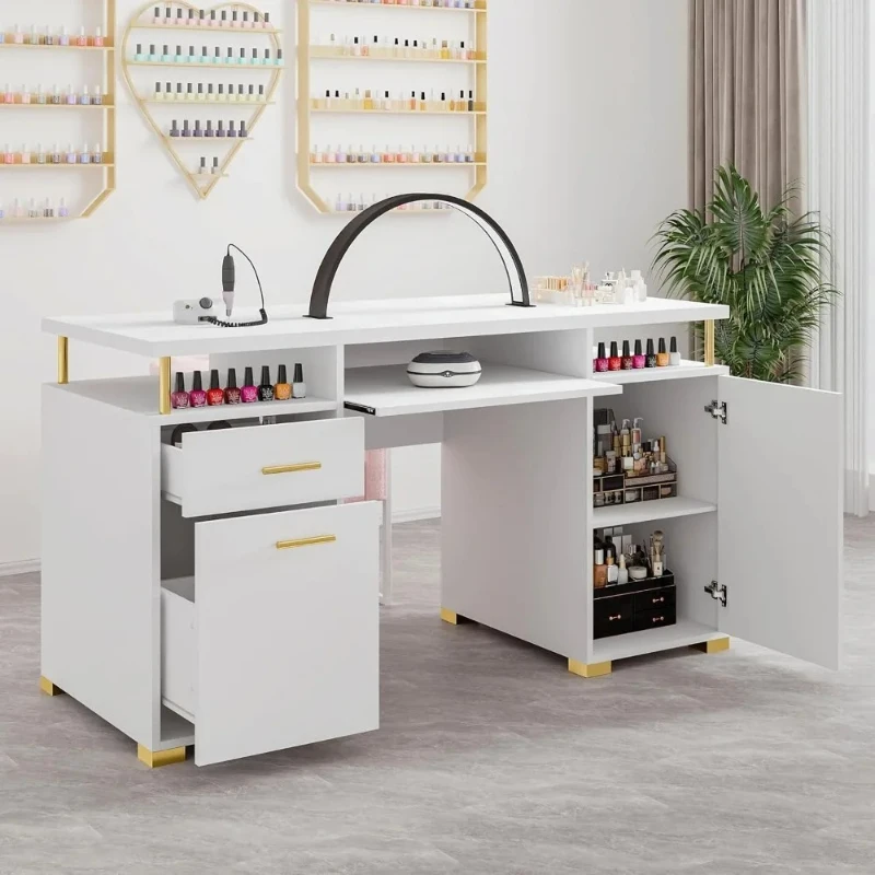 

White and Gold Nail Desk for Nail Tech, Manicure Table with 2 Drawers and Cabinet, 55 Inch Nail Table with Movable Shelf