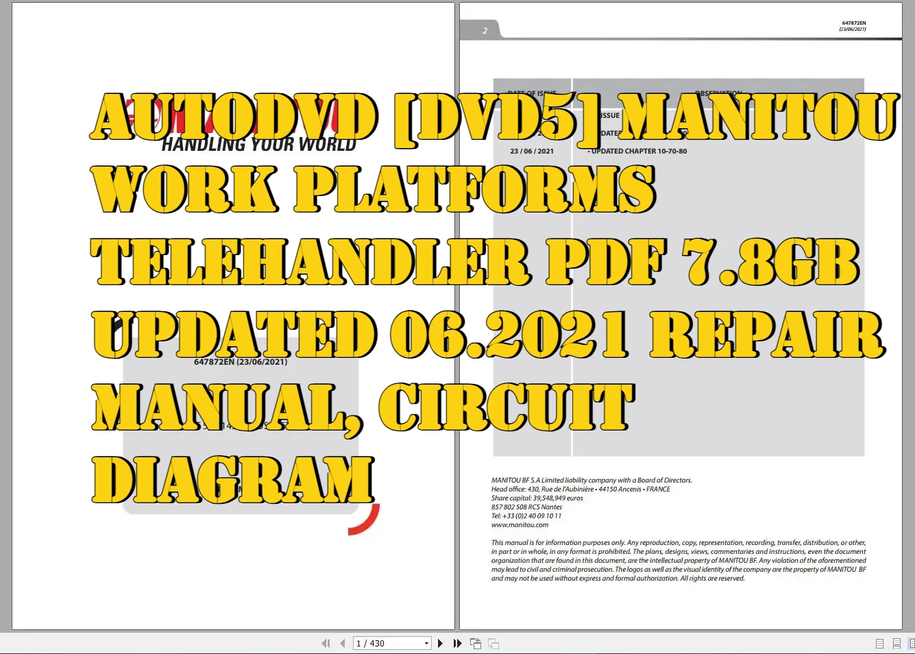 AutoDVD [DVD5] Manitou Work Platforms Telehandler PDF 7.8GB Updated 06.2021 Repair Manual, Circuit Diagram