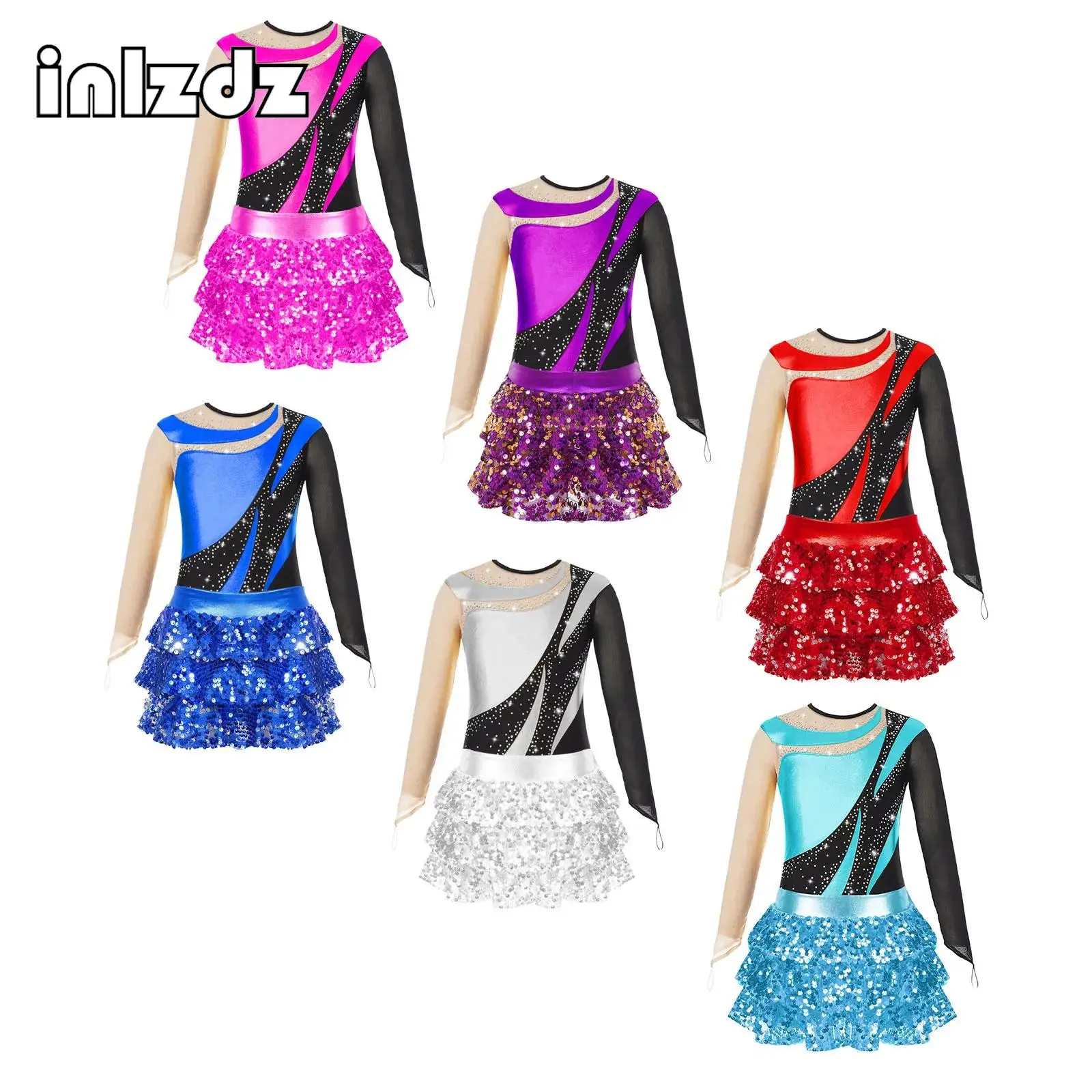 

Kid Girl Athletic Gymnastics Figure Skating Jumpsuit Ballet Dance Outfit Long Sleeve Leotard+Sequins Culottes Set for Stage Show