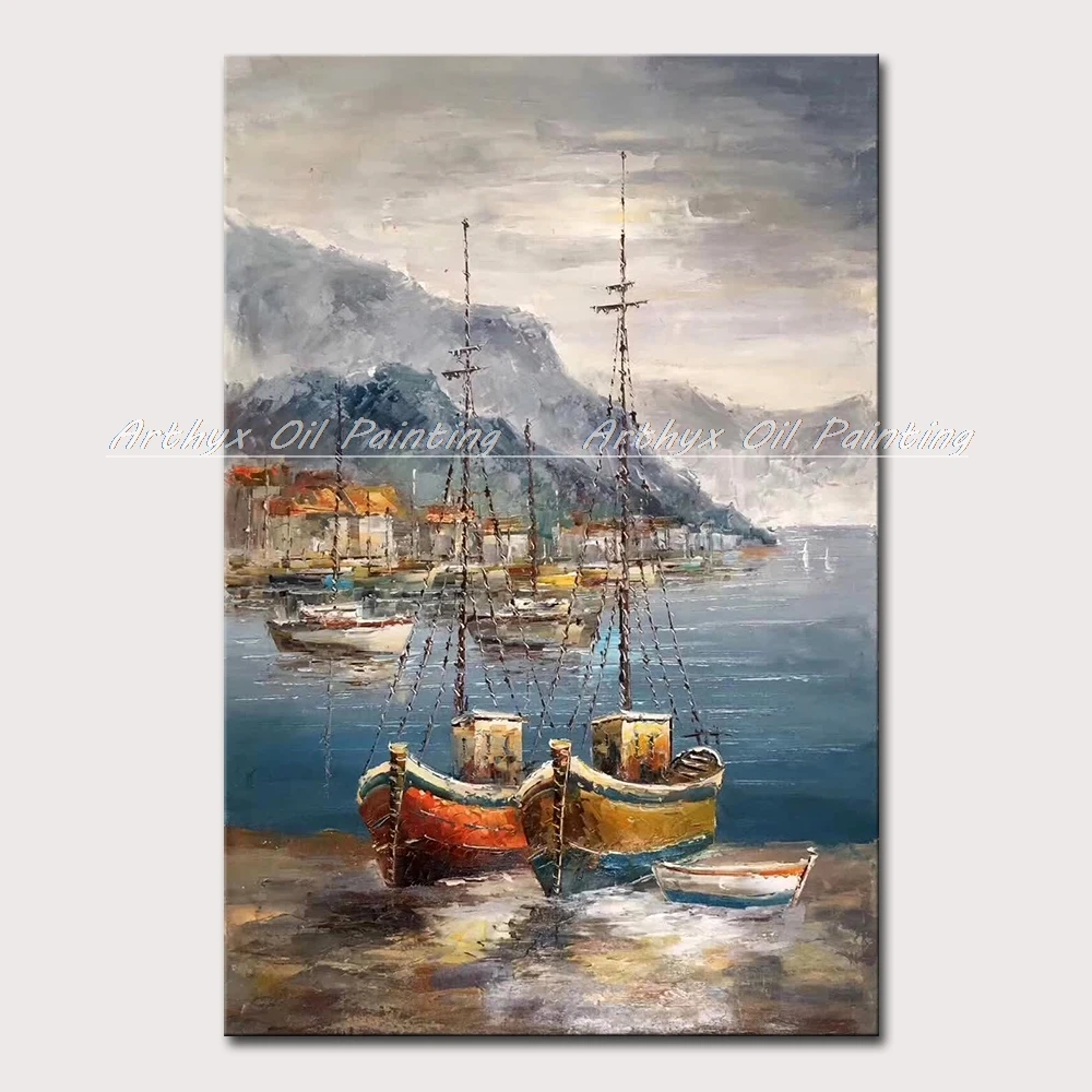 Arthyx Harbor Wharf Boat Landscape Oil Painting On Canvas,Hand Made Modern Abstract Wall Art,Pictures For Living Room,Home Decor