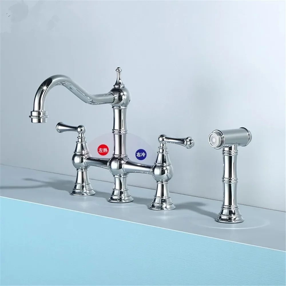 

Brushed Gold Kitchen Faucet Deck Mounted with Hand Shower Head Black Pot Filler Tap Hot Cold Function Black Sink Brass Spout
