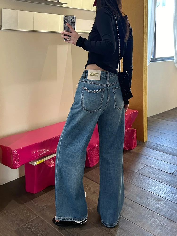 

High Waist Straight Leg Jeans Women's Loose Fit Non-Stretch Blue Denim Pants Spring 2026 Commute Style Torn Effect Wide Leg