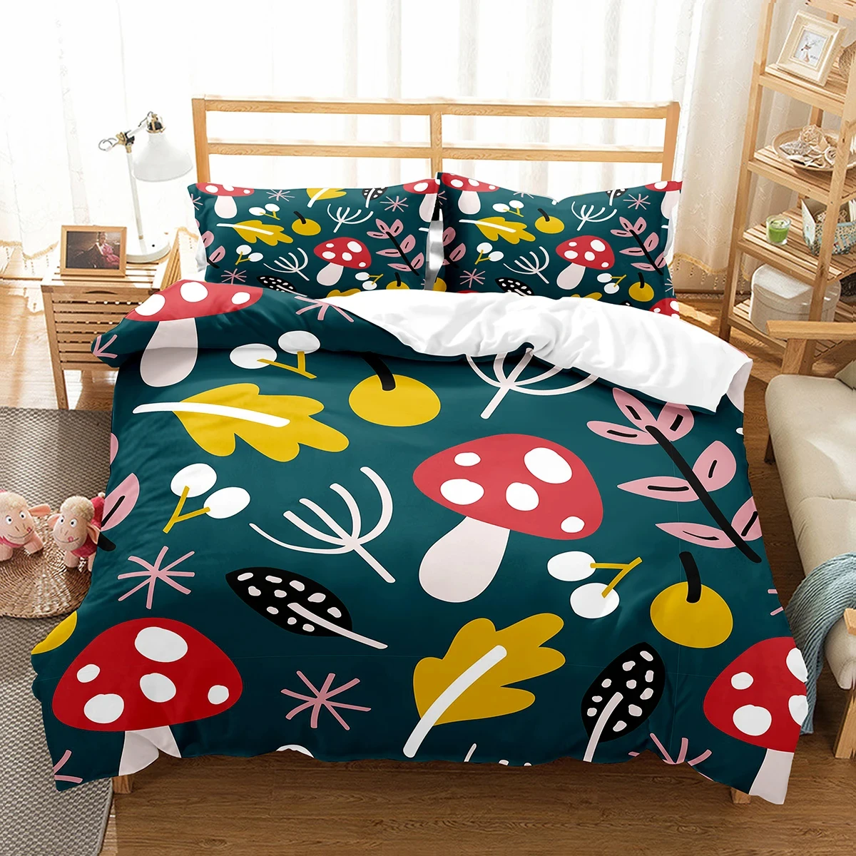 Mushroom Duvet Cover Set Microfiber Wild Plants Flowers Bedding Set Nature Botanical Animal Comforter Cover Single Queen Size