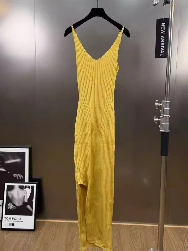 DFDG Vestido camisola de punto acanalado negro amarillo de primavera para mujer Vestido largo sin mangas Casual Diario 2025 Vestido de moda femenina de moda