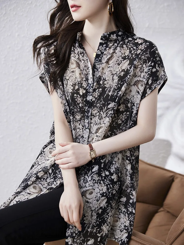 Women Summer Chiffon Blouses Shirts New Arrival 2024 Vintage Style Stand Collar Floral Print Loose Female Casual Tops B3308