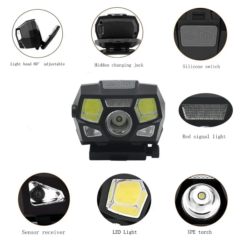 USB Charging Tactical Helmet Light Induction Headlamp Waterproof Signal Lamp FAST Helmet Headlamp Hunting Headlight