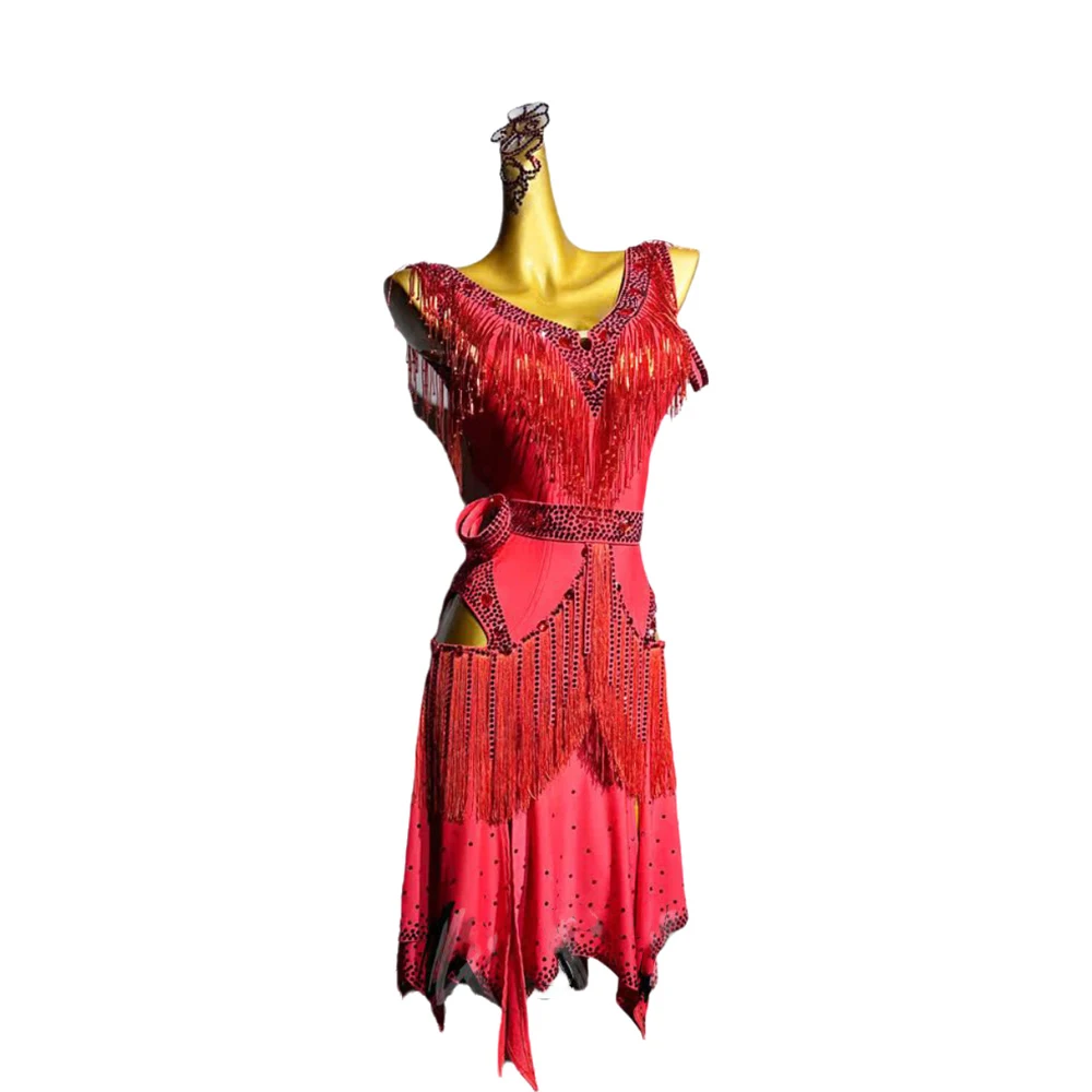 Dançarinos latinos, adultos, crianças, vestido de flor de tubo de contas costurado à mão personalizado de alta qualidade, vestido de performance de pedra tango samba ab