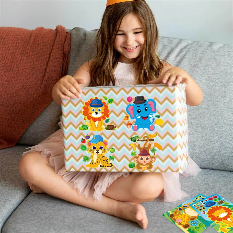 6-24sheets Creative Make an Animal Face Stickers for Kids Toddler DIY Lion Tiger Bear Cartoon Puzzle Jigsaw Children Sticker Toy