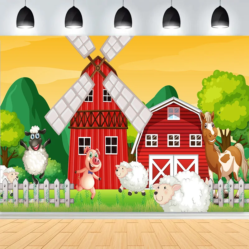 

Farm Scene Old Farmer Man And Cute Animals Photography Backdrops Red Barn Windmill Dairy Cow Birthday Party Background NC-04