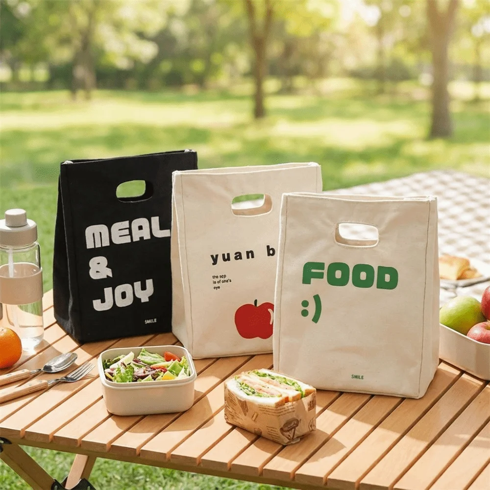 Handheld Aluminum Foil Liner Insulated Lunch Bag Canvas Leak Proof Portable Picnic Bag Reusable Thick Food Storage Bag Camping