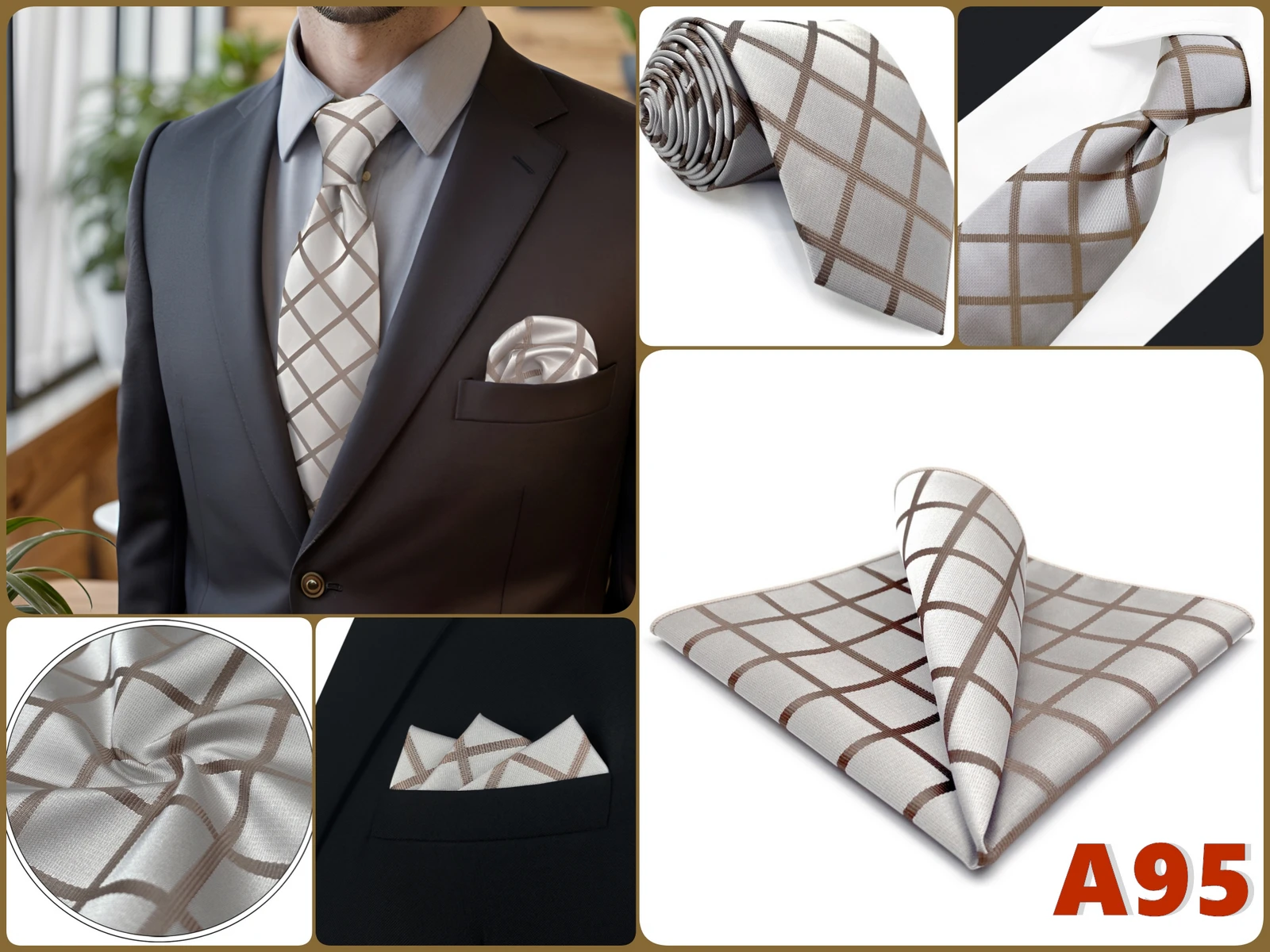 Braunes Herren-Krawatten-Einstecktuch-Set, klassisches Krawatten-Einstecktuch-Set, Business-Formal, Khaki, 147 cm, Dropshipping, Vintage – Detail 18