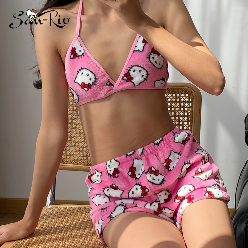 Sanrio Hello Kitty Women's Pajama Set Attractive Halter Neck Top & Shorts Soft Polyester Comfy Sleepwear with Leisure Wear