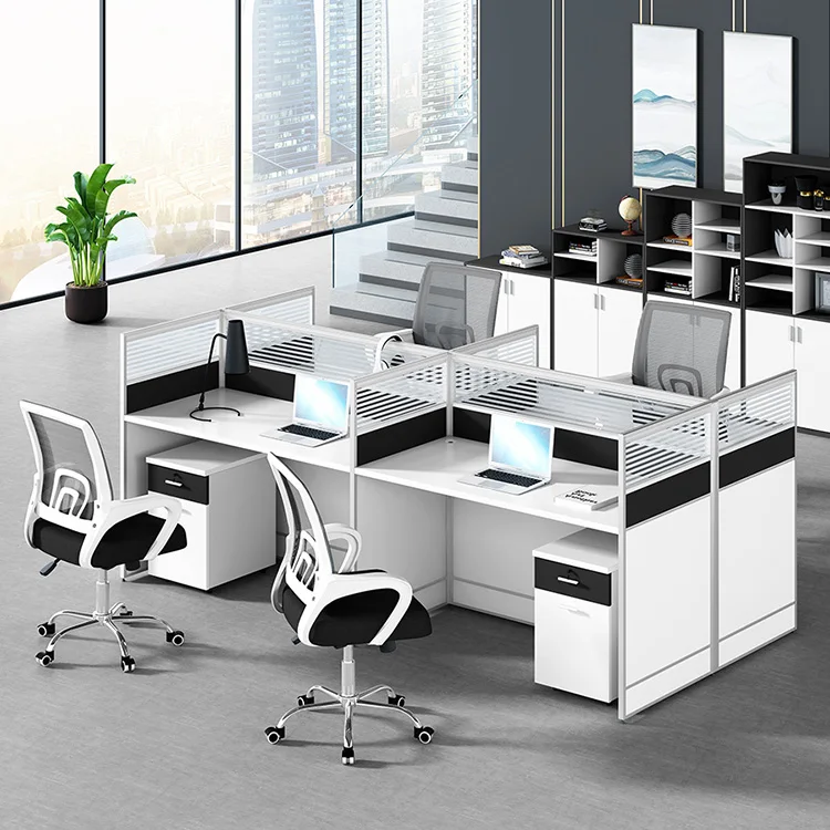 

Office Divider Call Center Cubicles 4 Person Workstation With Glass Divider With 3 Drawer Pedestal