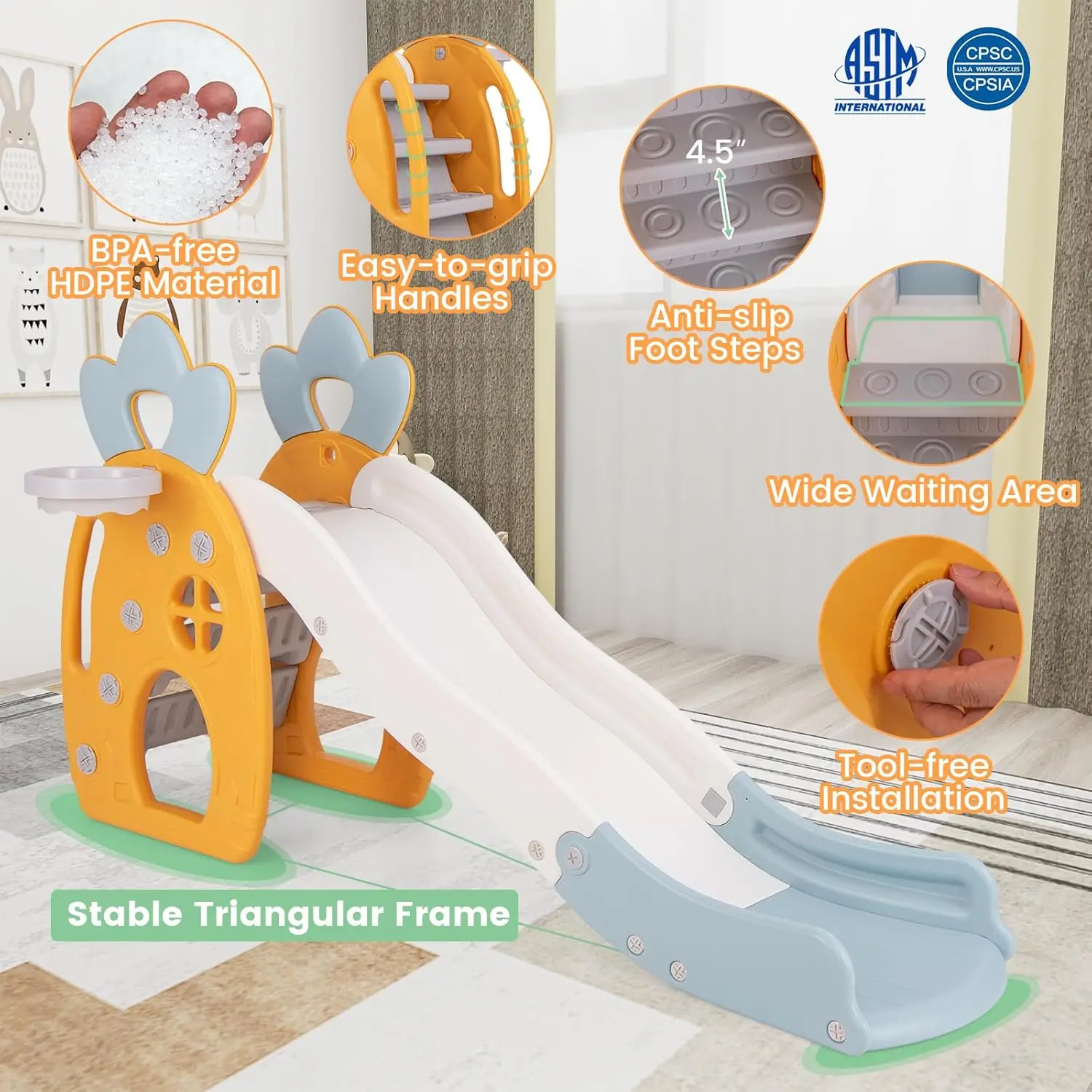Scivolo per bambini, scivolo indipendente 3 in 1 per bambini, set da gioco per ananas per interni ed esterni con canestro da basket e palla, scalatore per scaletta