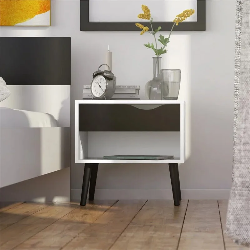 

Diana 1 Drawer Bedroom Nightstand with 1 Shelf for Adults, White/Black Matte
